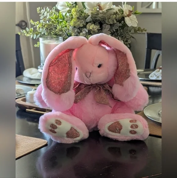 Vintage 80s Pink EASTER Bunny Stuffed Animal Plush Quilted Ears, Feet & Bow 25" - Picture 2 of 12